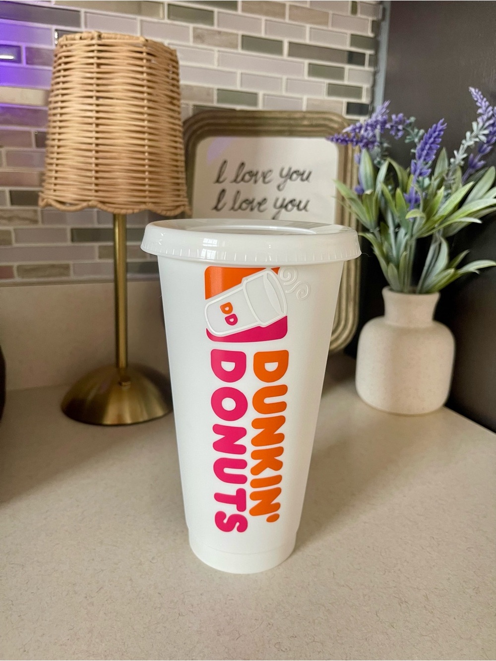 White Plastic Travel Cup - Pink & Orange Dunkin